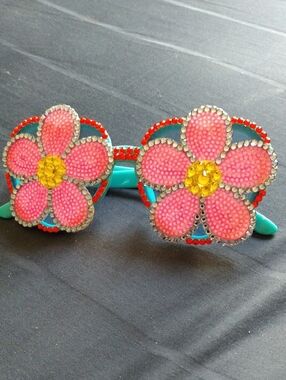 Floral Rhinestone Sunglasses - Pink & Turquoise